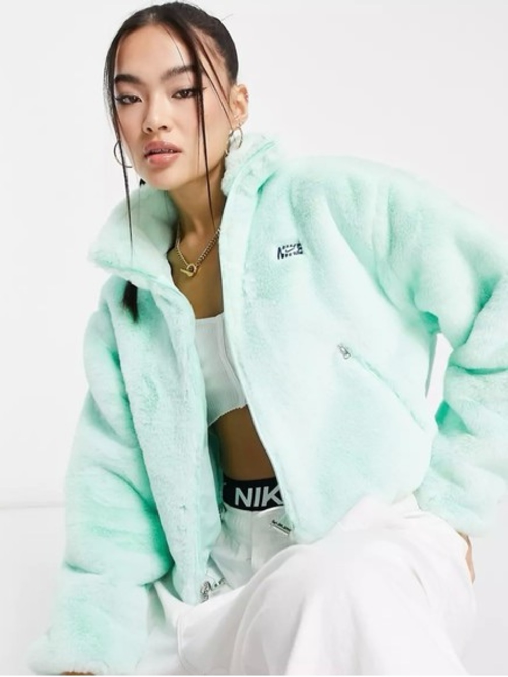 Nike Sportswear Icon Clash Faux Fur Mint Green Full Zip Jacket Size S